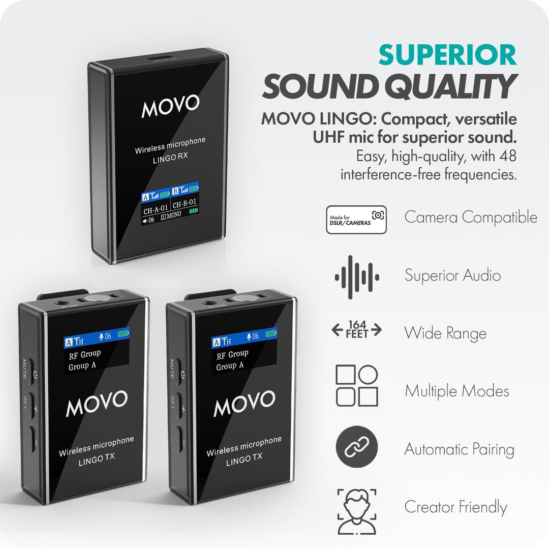 Movo Lingo-Duo - Sistema de micrófono inalámbrico UHF de 48 canales...