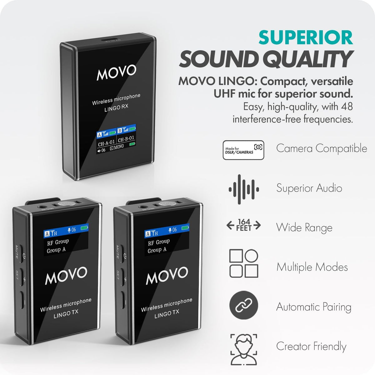 Movo Lingo-Duo - Sistema de micrófono inalámbrico UHF de 48 canales para cámara, 2 transmisores