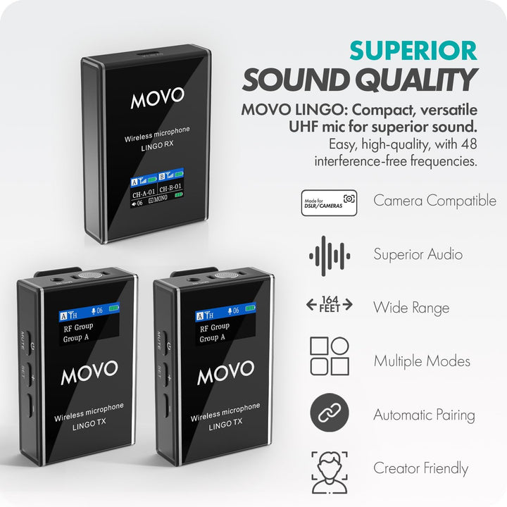 Movo Lingo-Duo - Sistema de micrófono inalámbrico UHF de 48 canales...