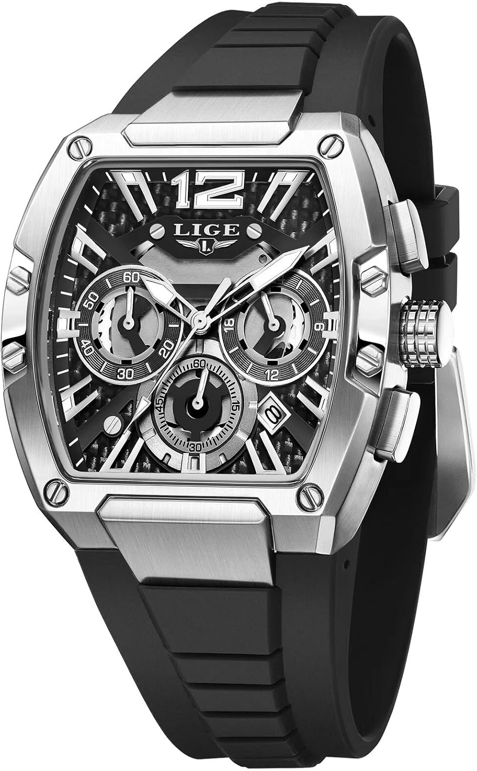 LIGE Reloj Hombre Skeleton Tonneau Cuadrado Cronógrafo Acero Inoxidable