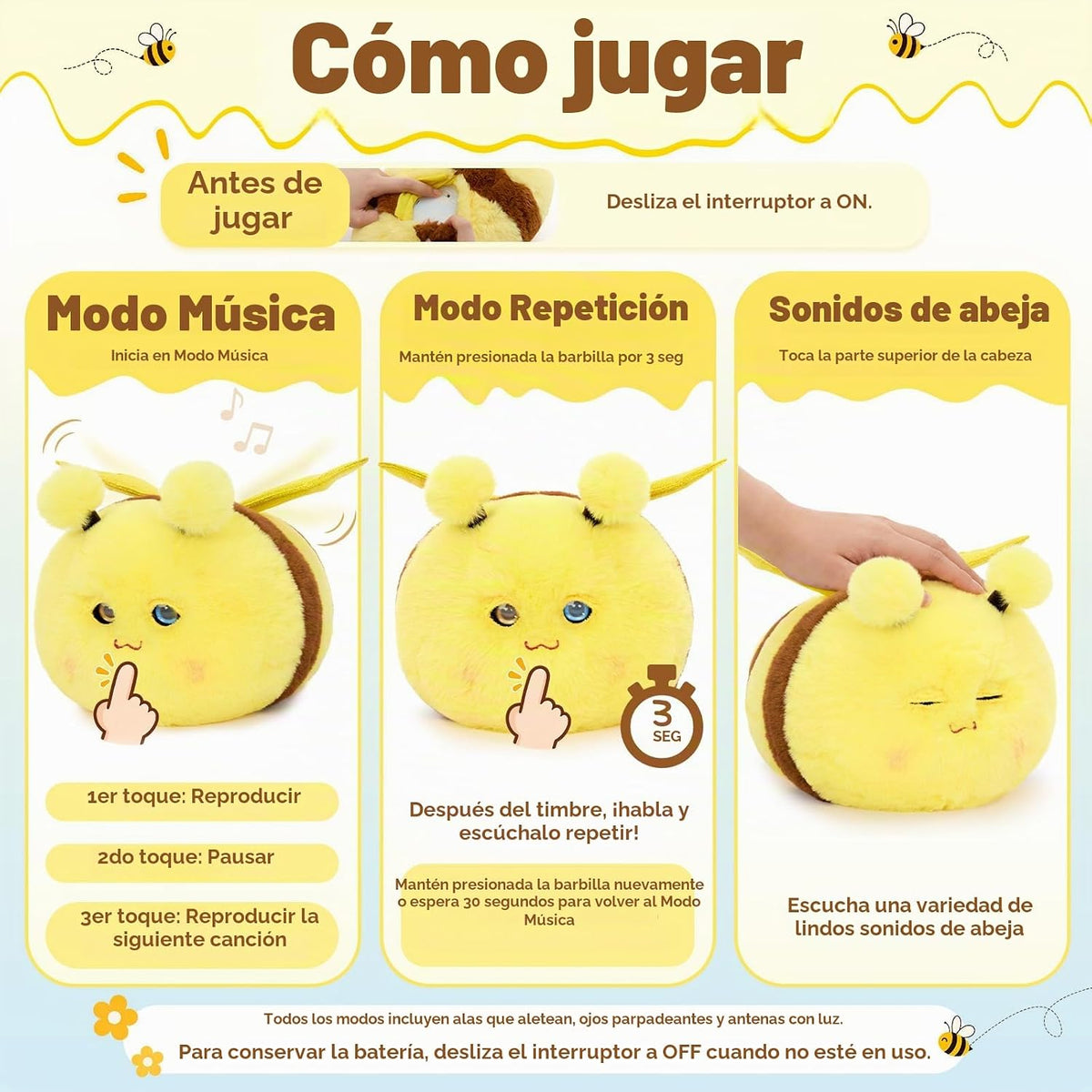 Juguete de peluche de abeja, juguete musical electrónico interactivo