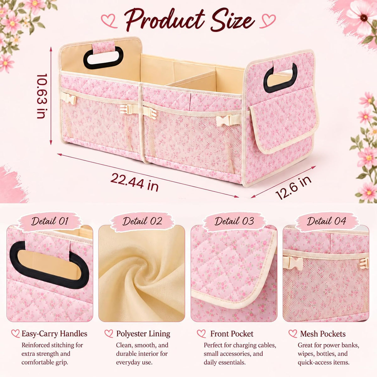 Organizador de Maletero para Coche con Tejido Acolchado y Estampado Floral para Mujeres, Almacenamiento SUV