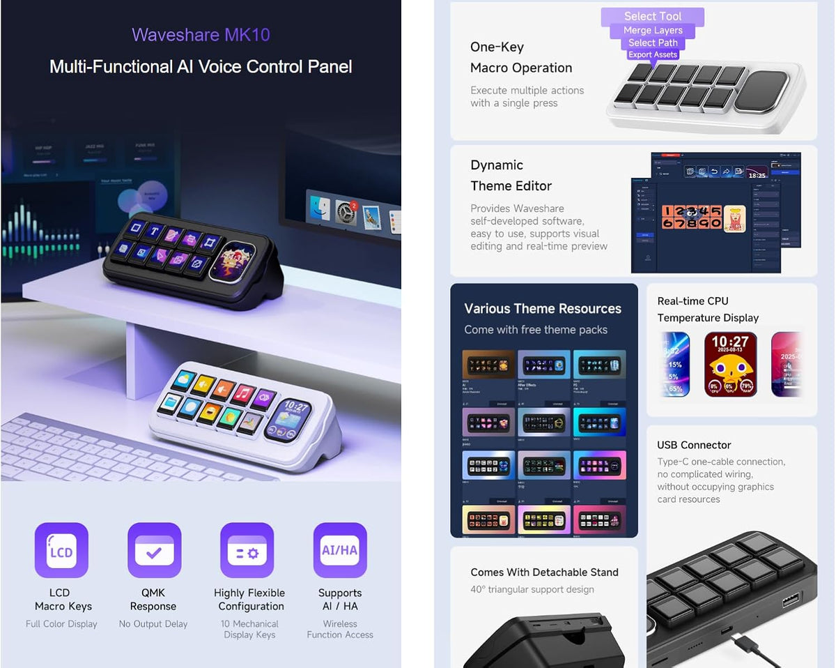 waveshare MK10 Panel de control de voz AI multifuncional, 10 teclas LCD mecánicas de 0.85 pulgadas con una pantalla secundaria de 2.01 pulgadas, soporta reconocimiento de voz e interacción de voz AI