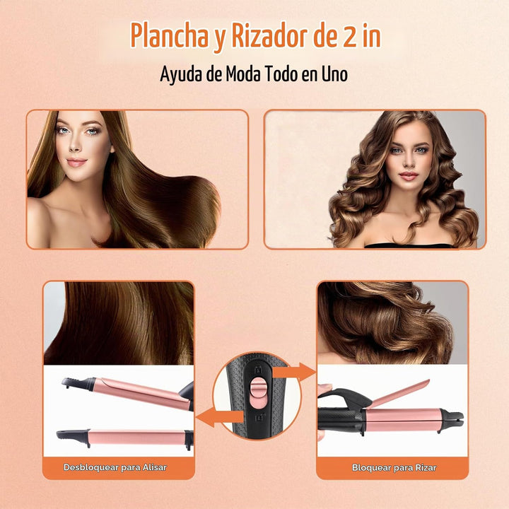 Plancha y rizadora de pelo 2 en 1, combo de plancha plana de cerámi...