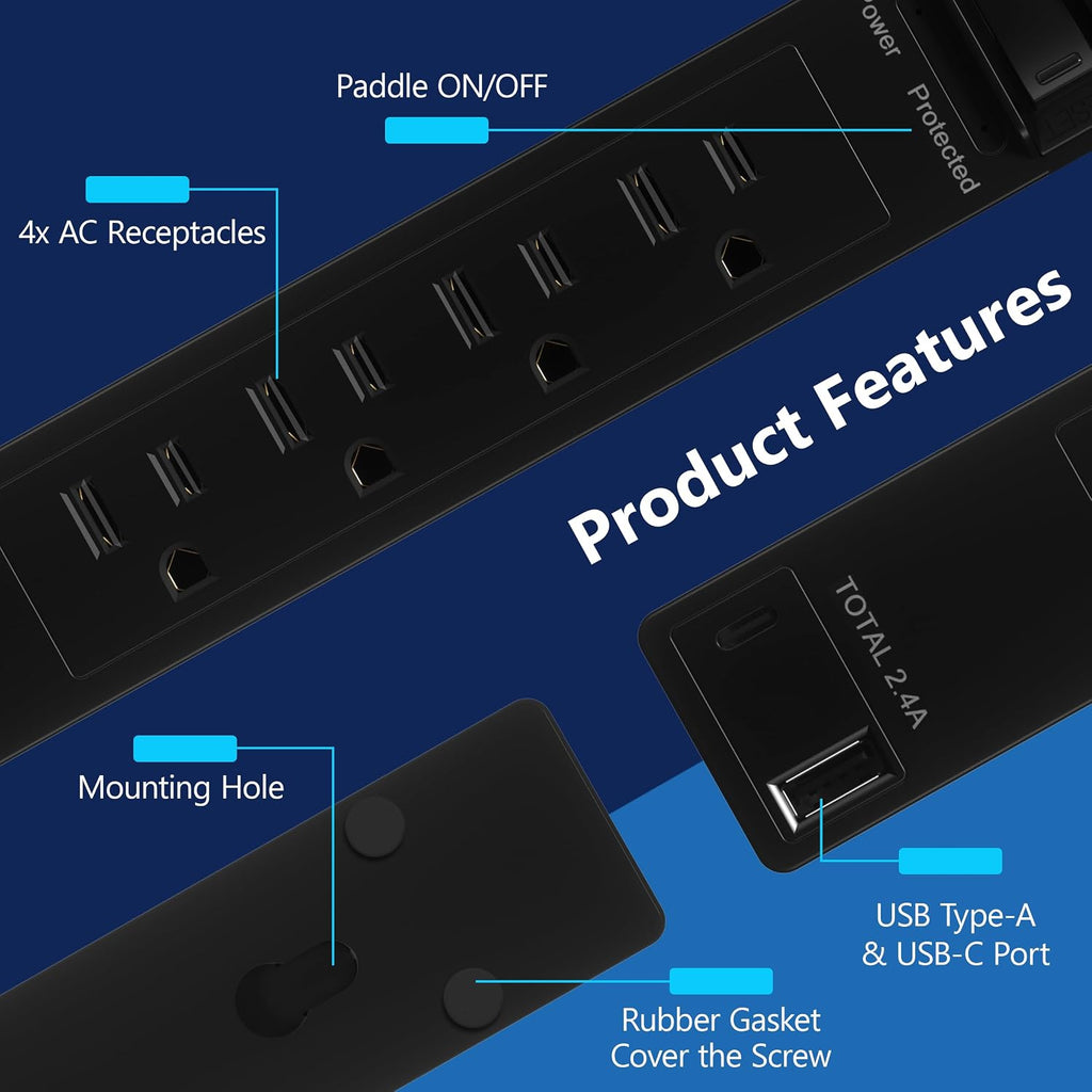 LIDER Extensor de salida protegido contra sobretensiones, 1 USB-A y 1 USB-C, cable de 5 pies, 1625 W