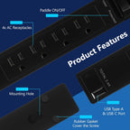 LIDER Extensor de salida protegido contra sobretensiones, 1 USB-A y 1 USB-C, cable de 5 pies, 1625 W