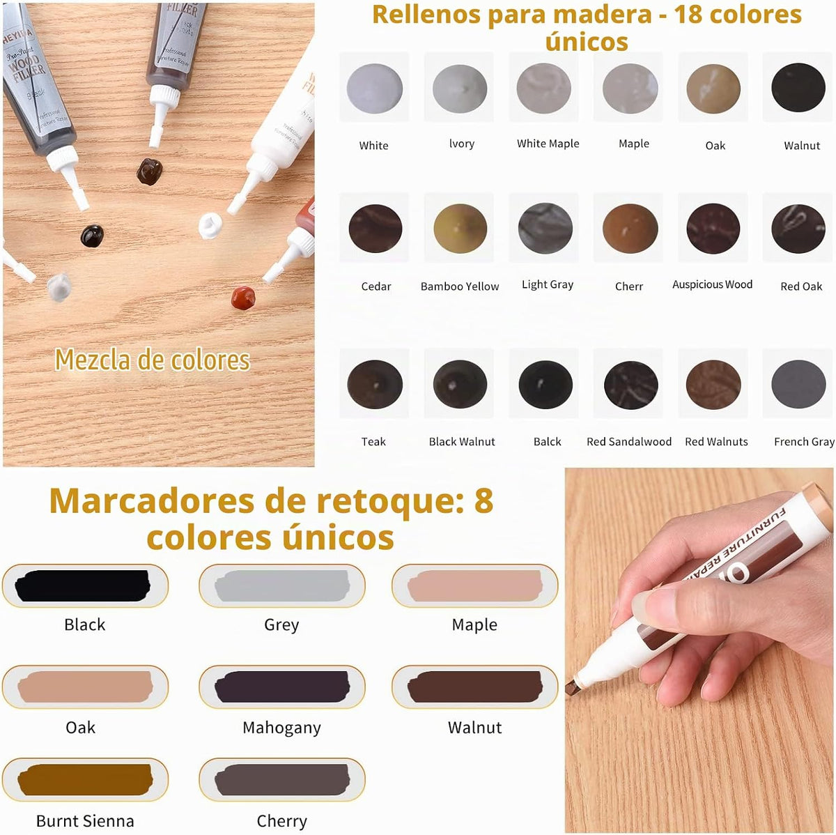 Kit de reparación de muebles de madera, juego de 39, kit de reparación de arañazos para suelo, relleno de madera, kit de reparación de muebles, marcadores de madera para rasguños, manchas agujeros, retoque cualquier madera, madera dura, laminado, puerta