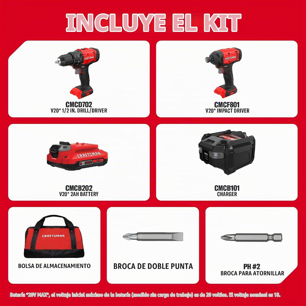 CRAFTSMAN V20 Cordless Drill Set y Impact Driver, Includes 2Ah Battery y Charger, Power Tool Set con 1700 RPM 1/2 en. Power Drill, 1800 Torque 1/4 en. Impact Screwdriver, LED (CMCK201D1)