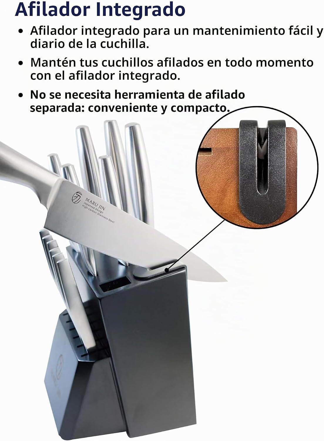 MARU JIN - Juego de cuchillos de cocina japoneses de 15 piezas con afilador integrado, juego de cuchillos de chef de acero inoxidable de alto carbono, apto para lavavajillas (madera)
