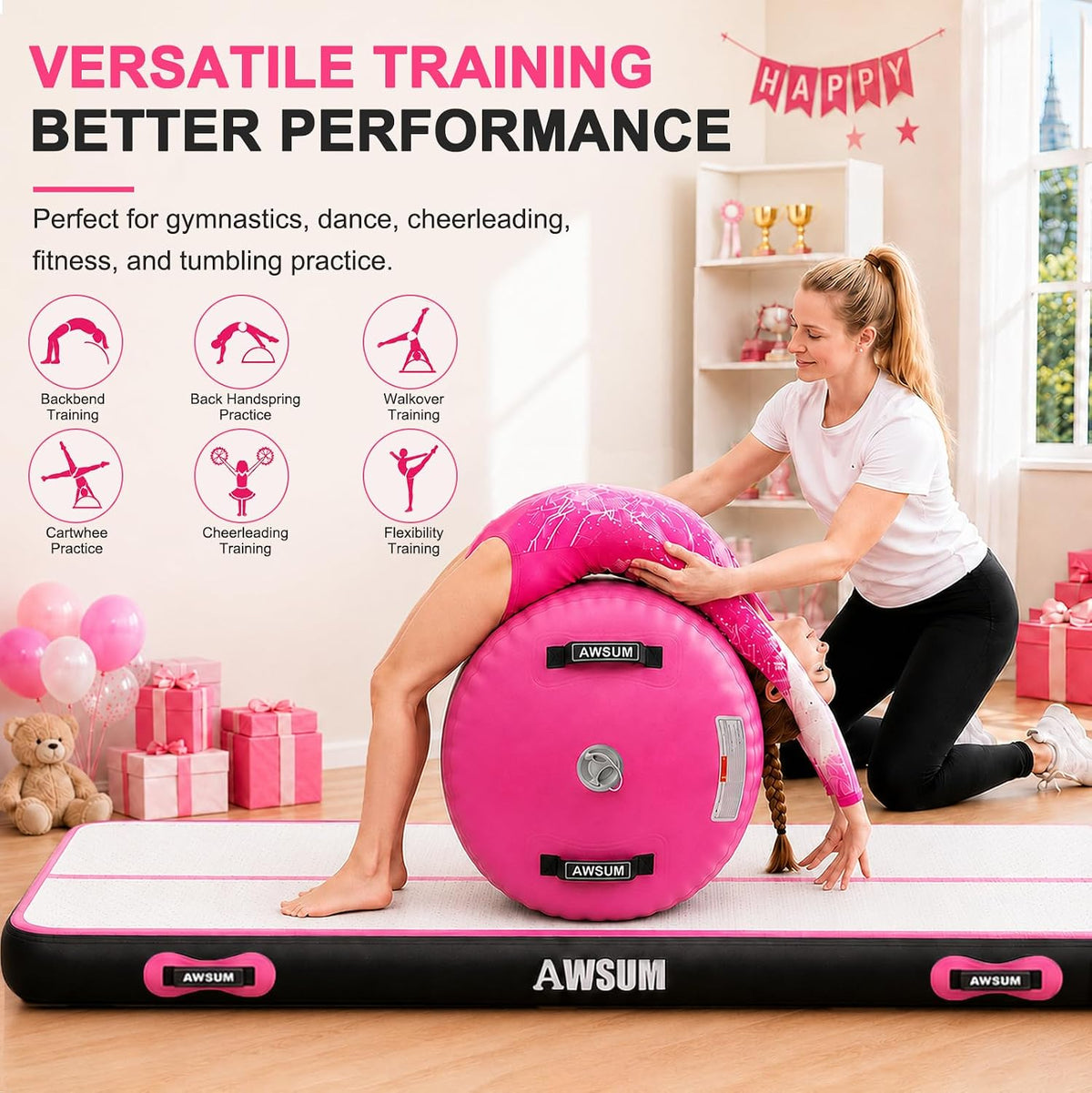 AWSUM Colchoneta de Gimnasia de 10 pies/13 pies con Rodillo de Aire Barril de Volteretas Entrenador de Salto Mortal hacia Atrás y Flexión hacia Atrás para Equipo de Trampolín de Gimnasia Inflable y
