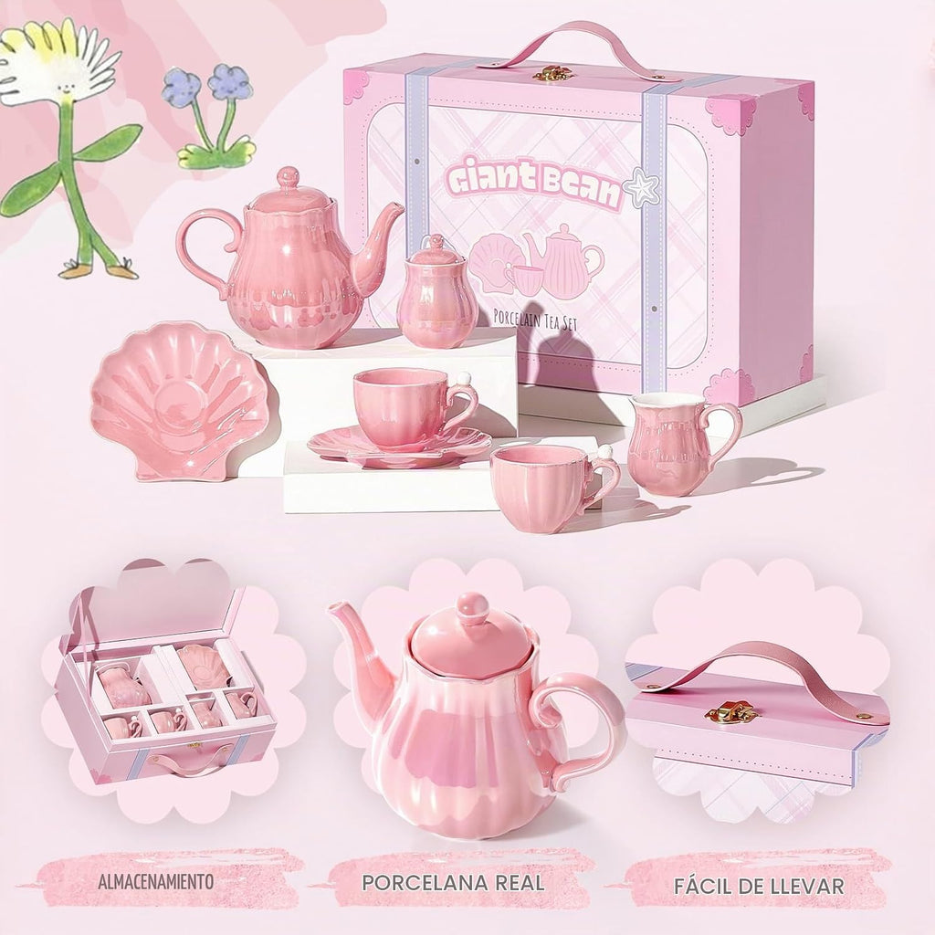 Juego de té de porcelana Giant bean, color rosa perla, set real para fiesta de té