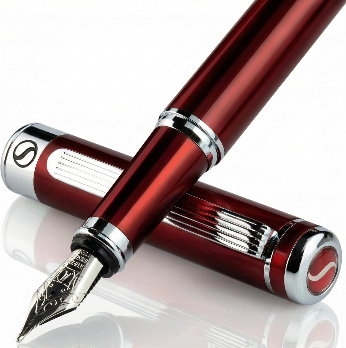 Scriveiner - Pluma fuente Deep Crimson Rojo – Impresionante pluma de lujo con acabado cromado, punta Schmidt (mediana), el mejor juego de regalo para hombres y mujeres, profesionales, ejecutivos, oficina, elegantes plumas fuentes