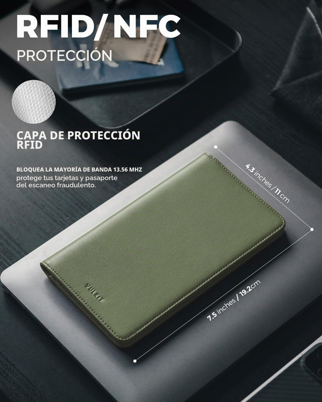 Cartera Porta Pasaporte VULKIT con Bloqueo RFID, Cartera de Viaje para Hombre y Mujer, Verde, Cartera de viaje