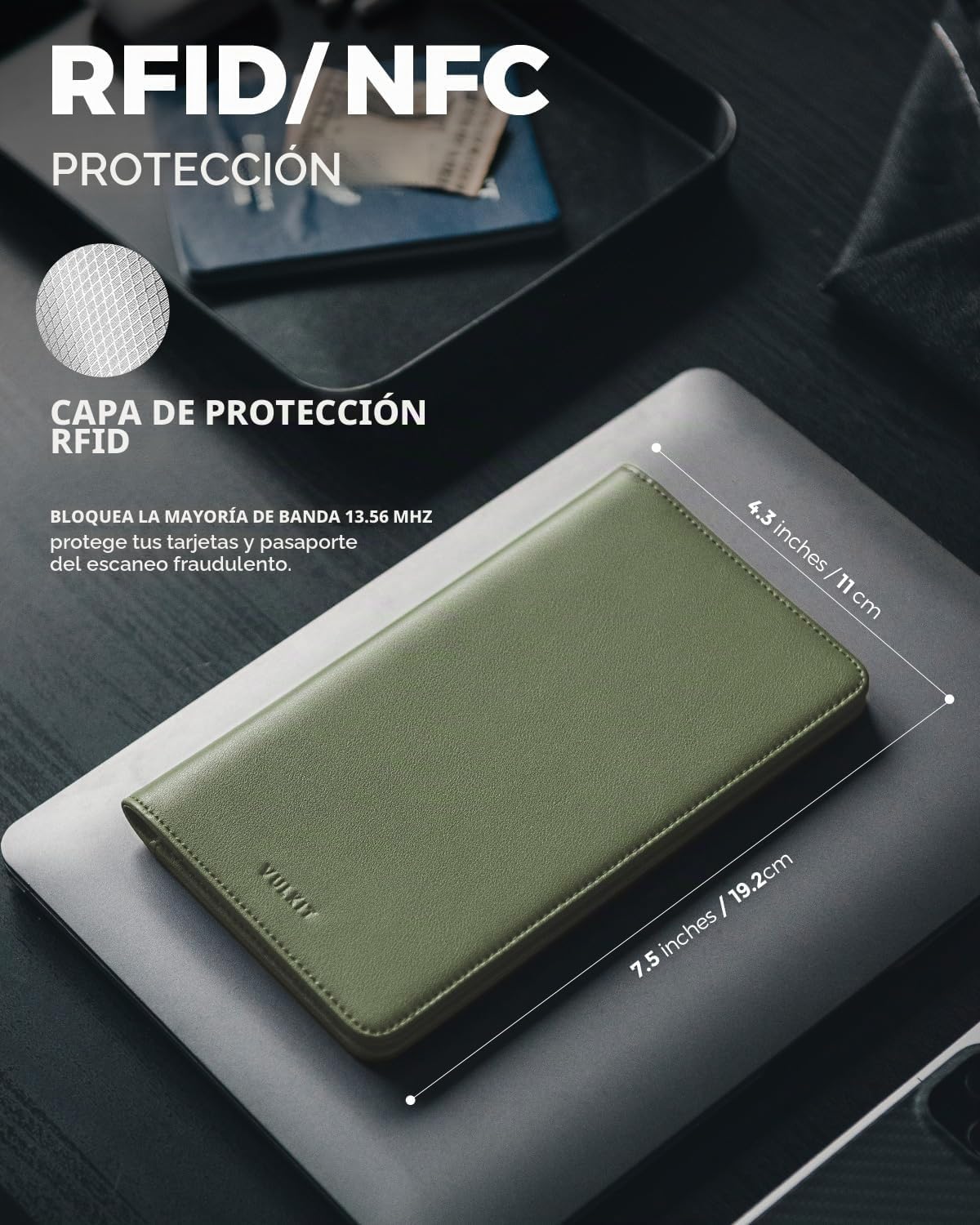 Cartera Porta Pasaporte VULKIT con Bloqueo RFID, Cartera de Viaje para Hombre y Mujer, Verde, Cartera de viaje