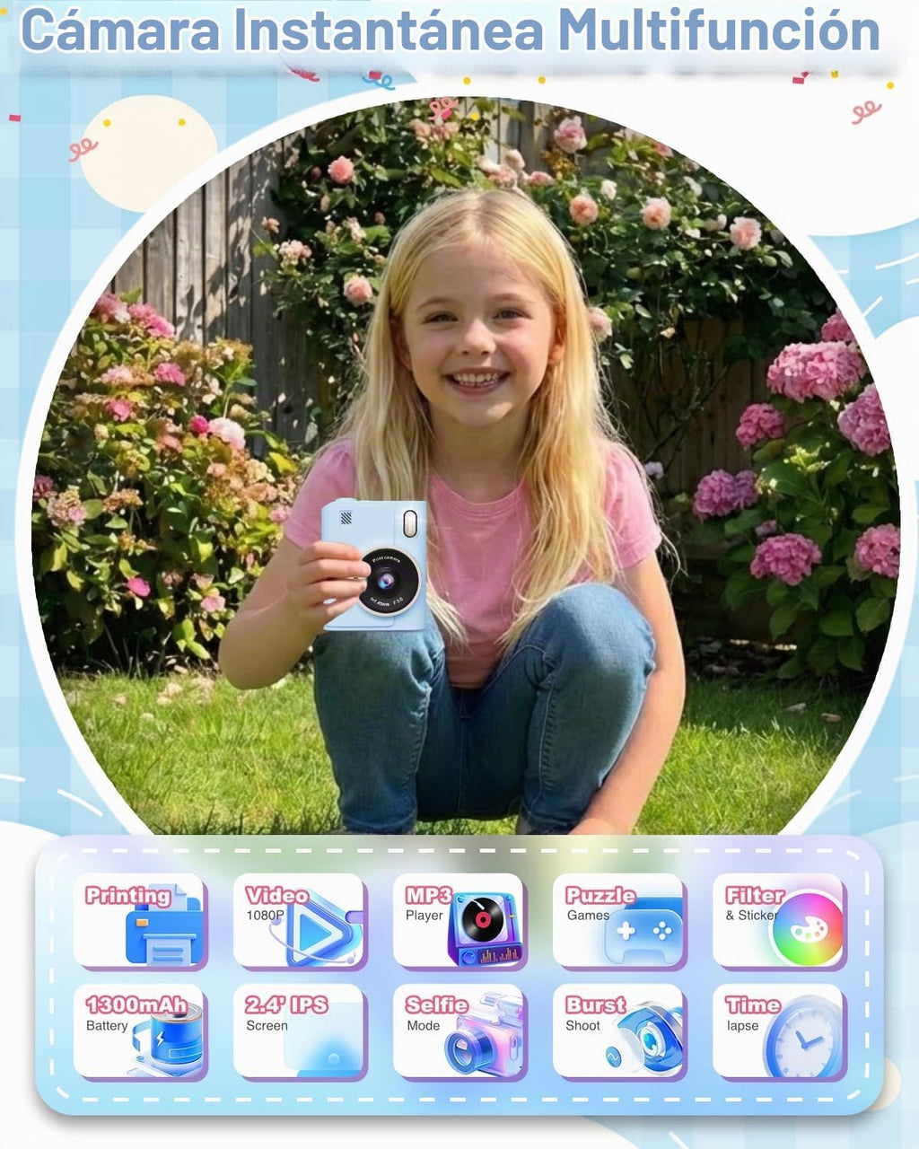 Cámara de impresión instantánea para niños, cámaras de impresión digital instantánea 1080P para niños pequeños, juguete portátil para niñas de 4, 5, 6, 7, 8, 9, 10 años, regalos de cumpleaños de Navidad para niñas y niños con tarjeta SD azul