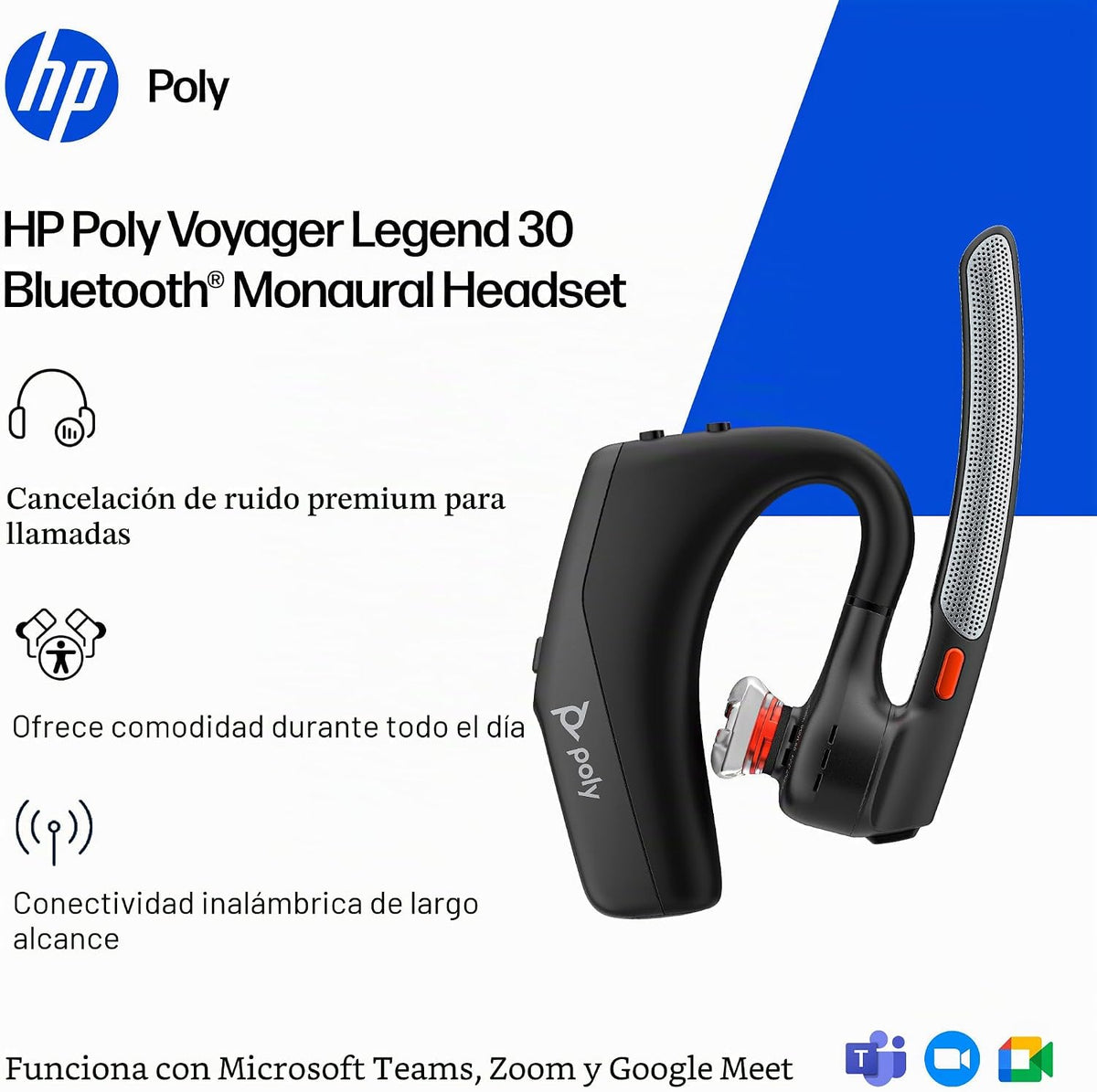 Poly Voyager Legend 30 - Auriculares Bluetooth con micrófono - Boom discreto y 4 micrófonos con cancelación de ruido - Tecnología WindSmart - Comodidad todo el día - Conectividad sin interrupciones - Sensores inteligentes y controles de llamadas