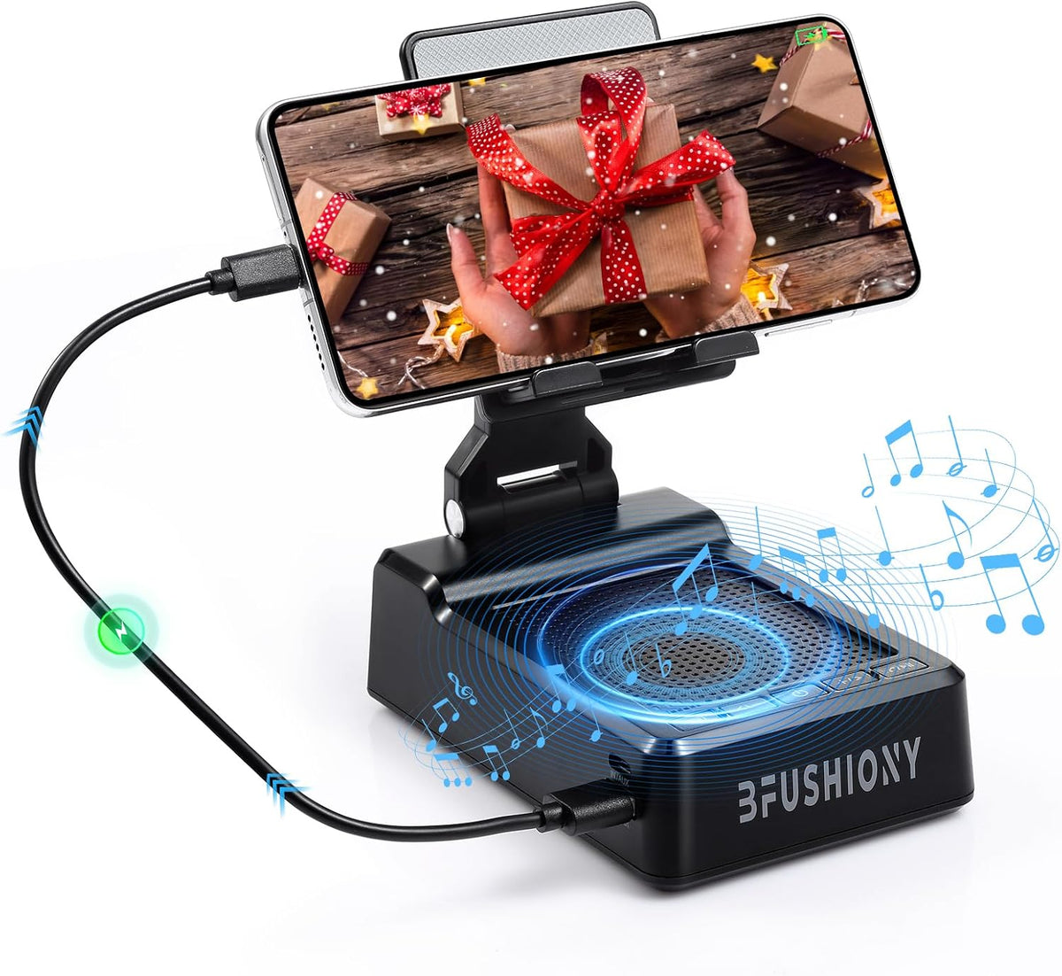 Regalos de cumpleaños para mujeres y hombres, soporte plegable ajustable para teléfono con altavoz Bluetooth y cargador de 5000 mAh, soporte antideslizante de sonido envolvente estéreo HD para oficina en casa, 1 paquete (negro)