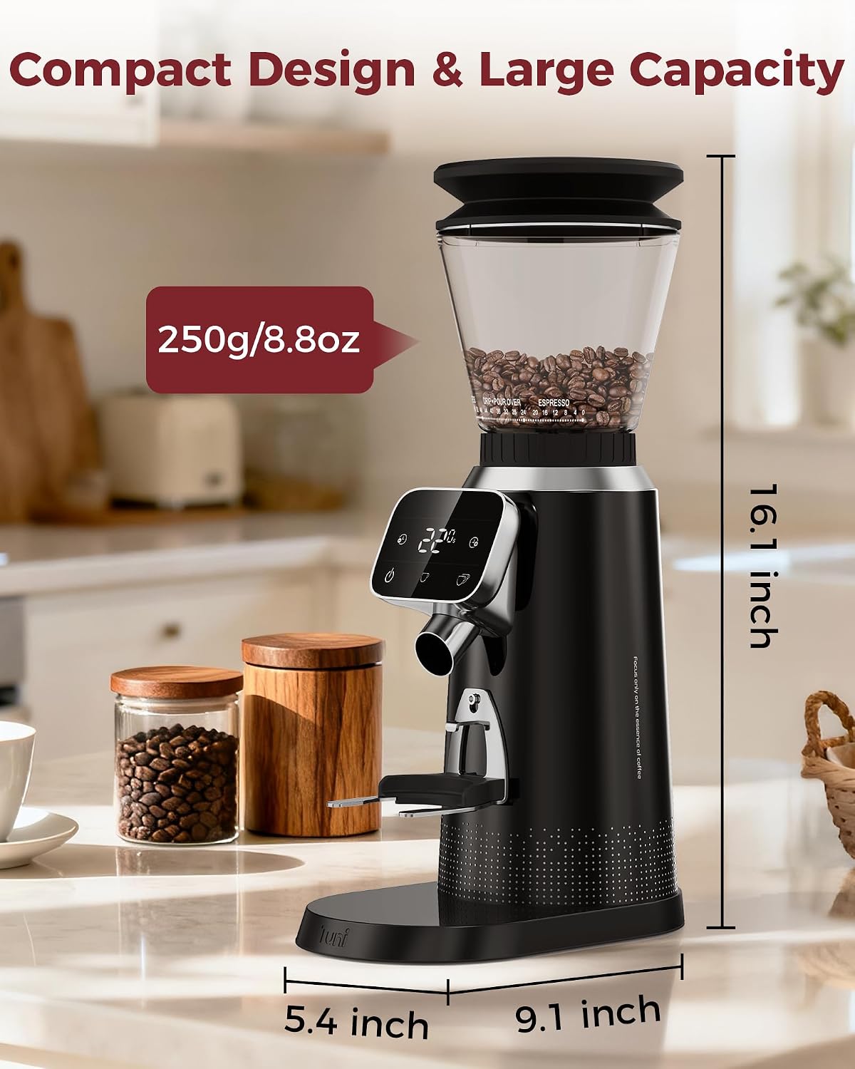 Tuni Molinillo de café con rebabas cónicas G2 con 70 ajustes precisos de