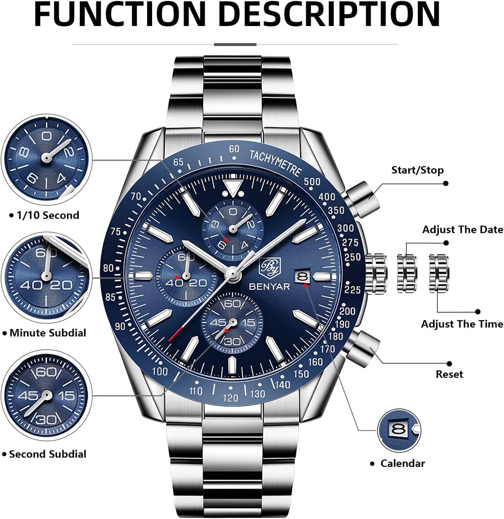 BENYAR Relojes de pulsera para hombre, cronógrafo analógico, de cuarzo, impermeables, para negocios, trabajo, casual, deportivo, con calendario