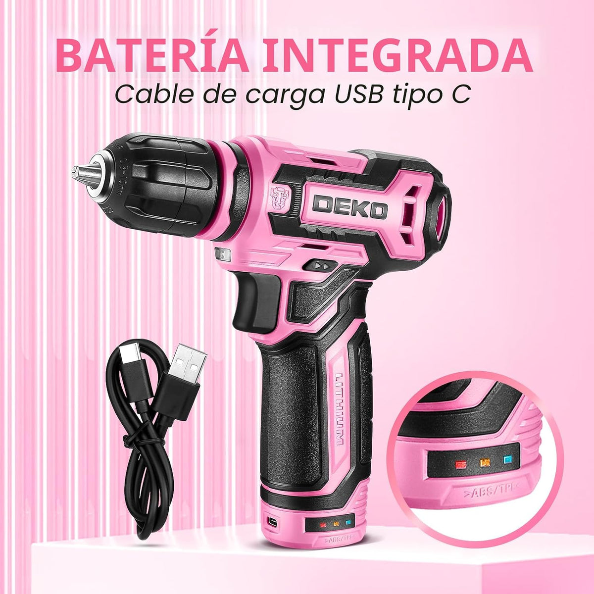 Taladro inalámbrico: juego de taladro eléctrico DEKOPRO de 12 V con taladros eléctricos rosa de 800 RPM con caja de regalo, juego de taladro rosa para mujer