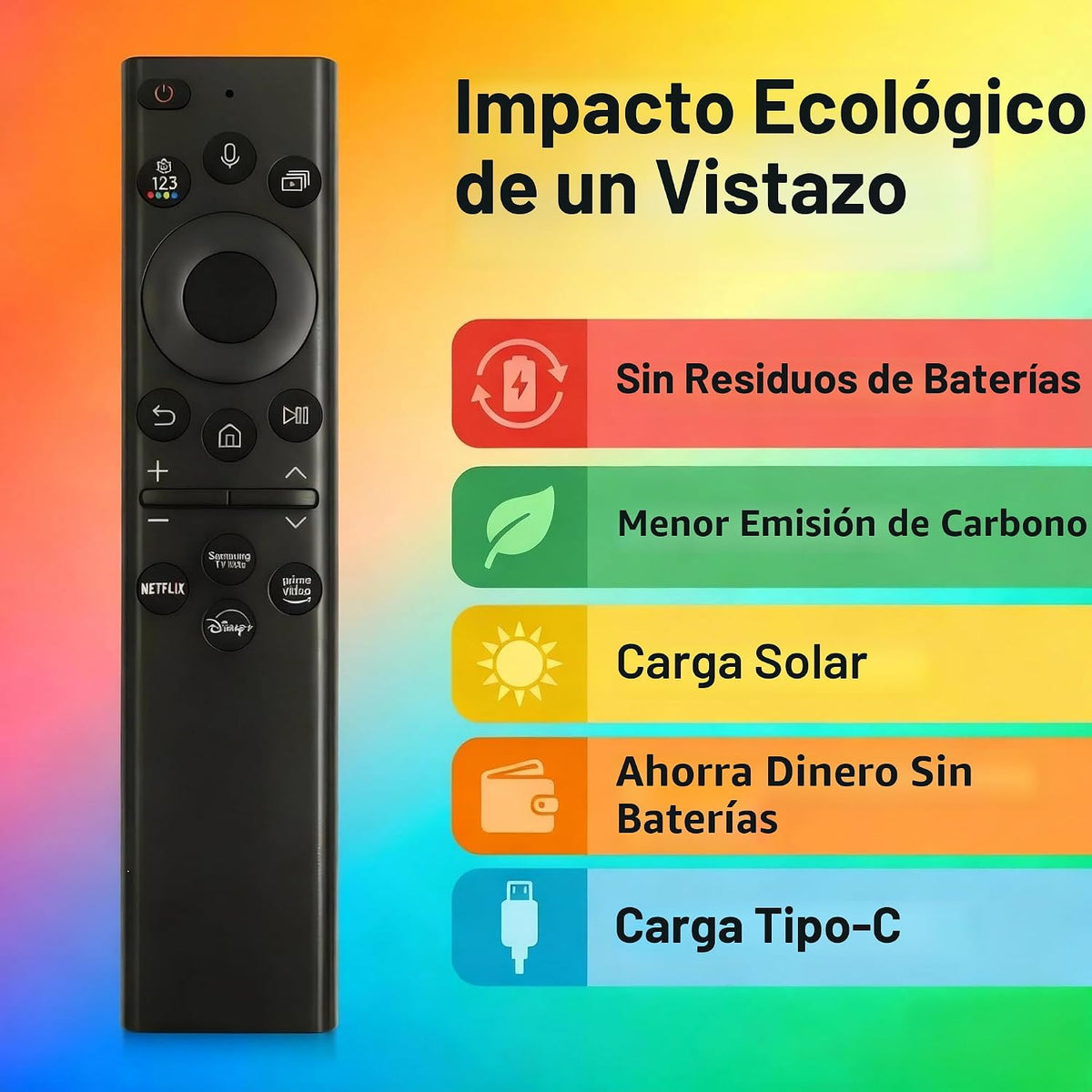 Control remoto de TV recargable para televisores inteligentes Samsung, compatible con Samsung Smart TV 2019-2026, carga solar, control de voz, carga rápida USB-C, garantía de 2 años