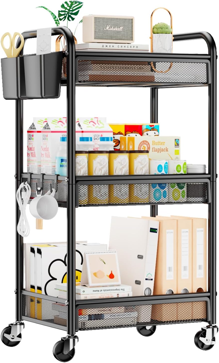 YASONIC Carrito de almacenamiento metálico de 3 niveles con ruedas, negro