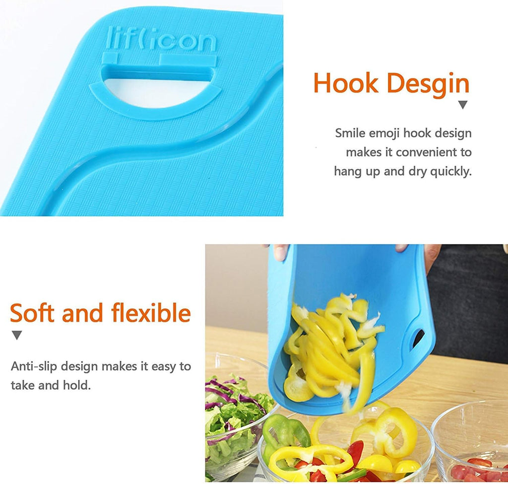 Juego de 3 alfombrillas gruesas de silicona para tablas de cortar, diseño plegable y flexible, ranuras para jugos, mango de fácil agarre, apto para lavavajillas, para cocina, sin BPA, azul