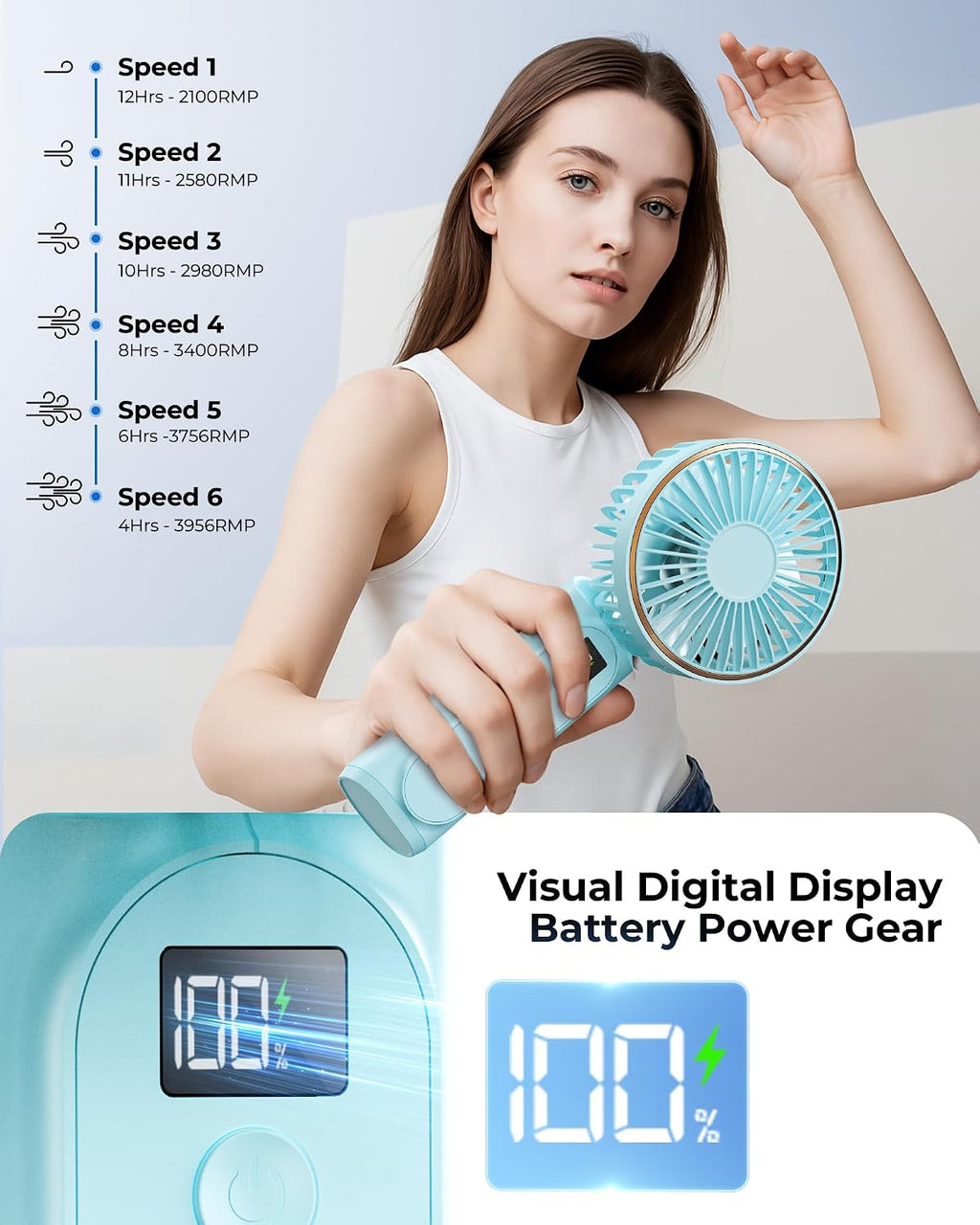 TUNISE Ventilador portátil de mano, 4000mAh, 180 ajustable, 6 veloc...