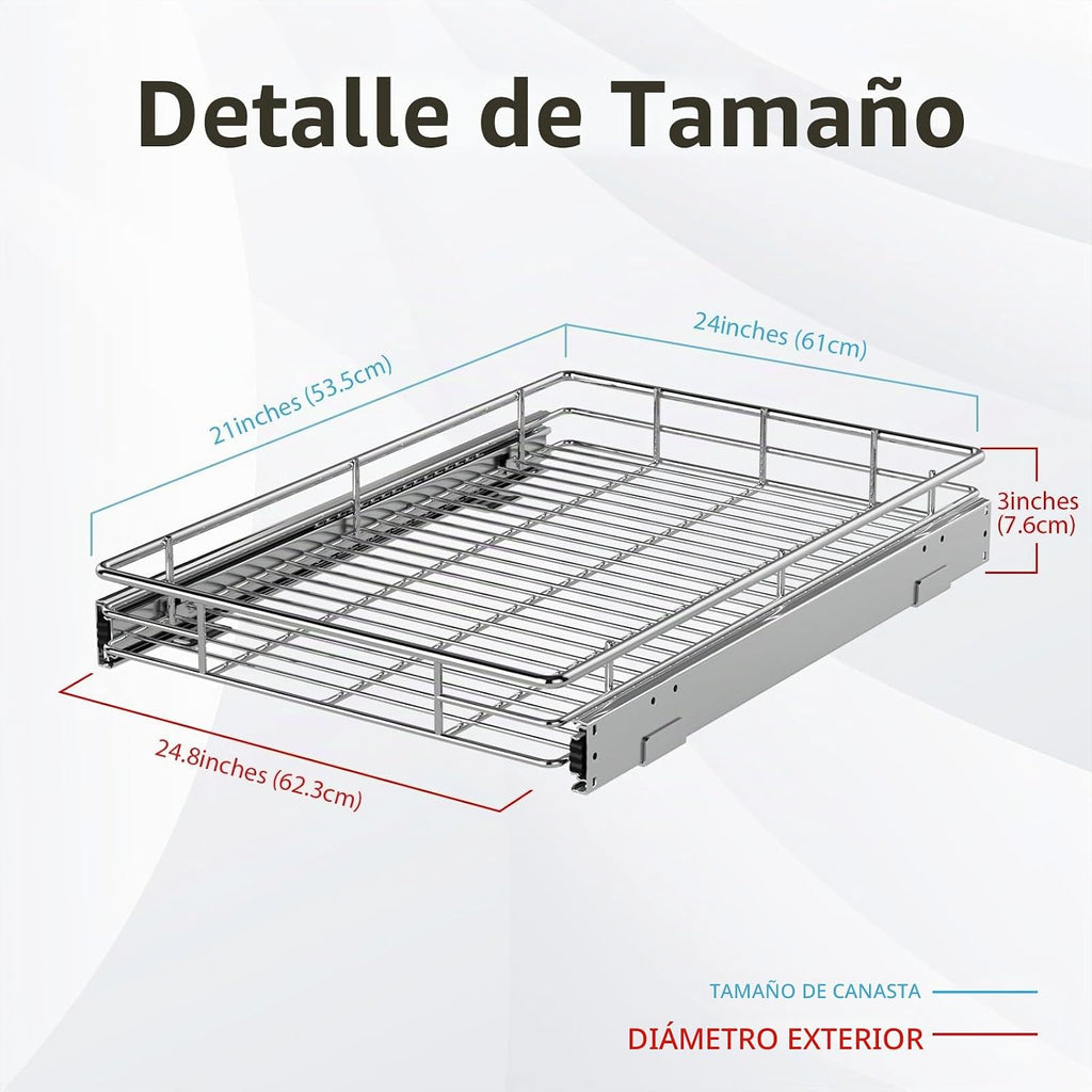 ZOINLIY Organizador de armario extraíble, versátil organizador de cocina deslizante y almacenamiento, cesta de almacenamiento de cajones resistente, deslizamiento suave, acabado cromado (24.8 x 21