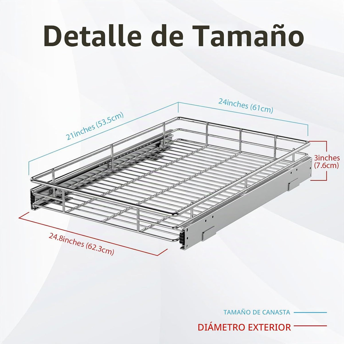 ZOINLIY Organizador de armario extraíble, versátil organizador de cocina deslizante y almacenamiento, cesta de almacenamiento de cajones resistente, deslizamiento suave, acabado cromado (24.8 x 21