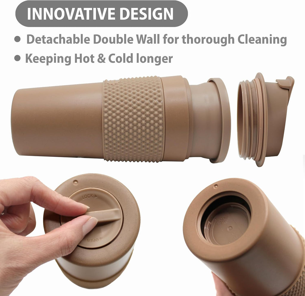 Juego de vasos de café de 16 onzas (paquete de 2) – Taza de viaje aislada de doble pared con tapa a prueba de fugas, apto para portavasos y tazas, taza de café reutilizable sin BPA, apta para lavavajillas y microondas, color marrón