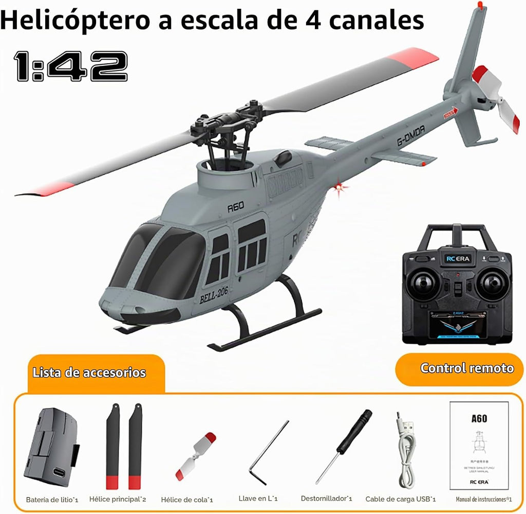 A60 206 Helicóptero de control remoto avión 4CH RC Heli Aileronless escala 1/42 giroscopio de 6 ejes retención de altitud para adultos principiantes/gris