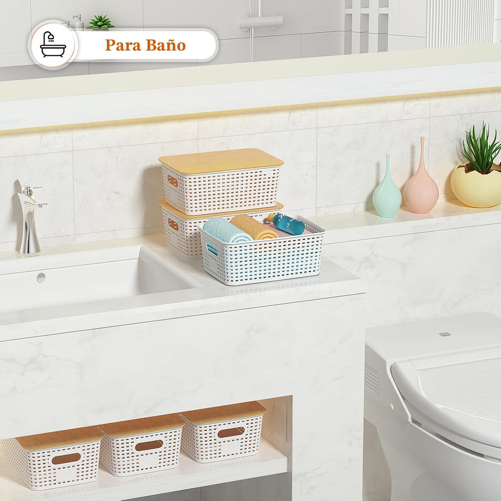 Ohmlove 6 Pack Plastic Storage Baskets con Bamboo Lids para Organization