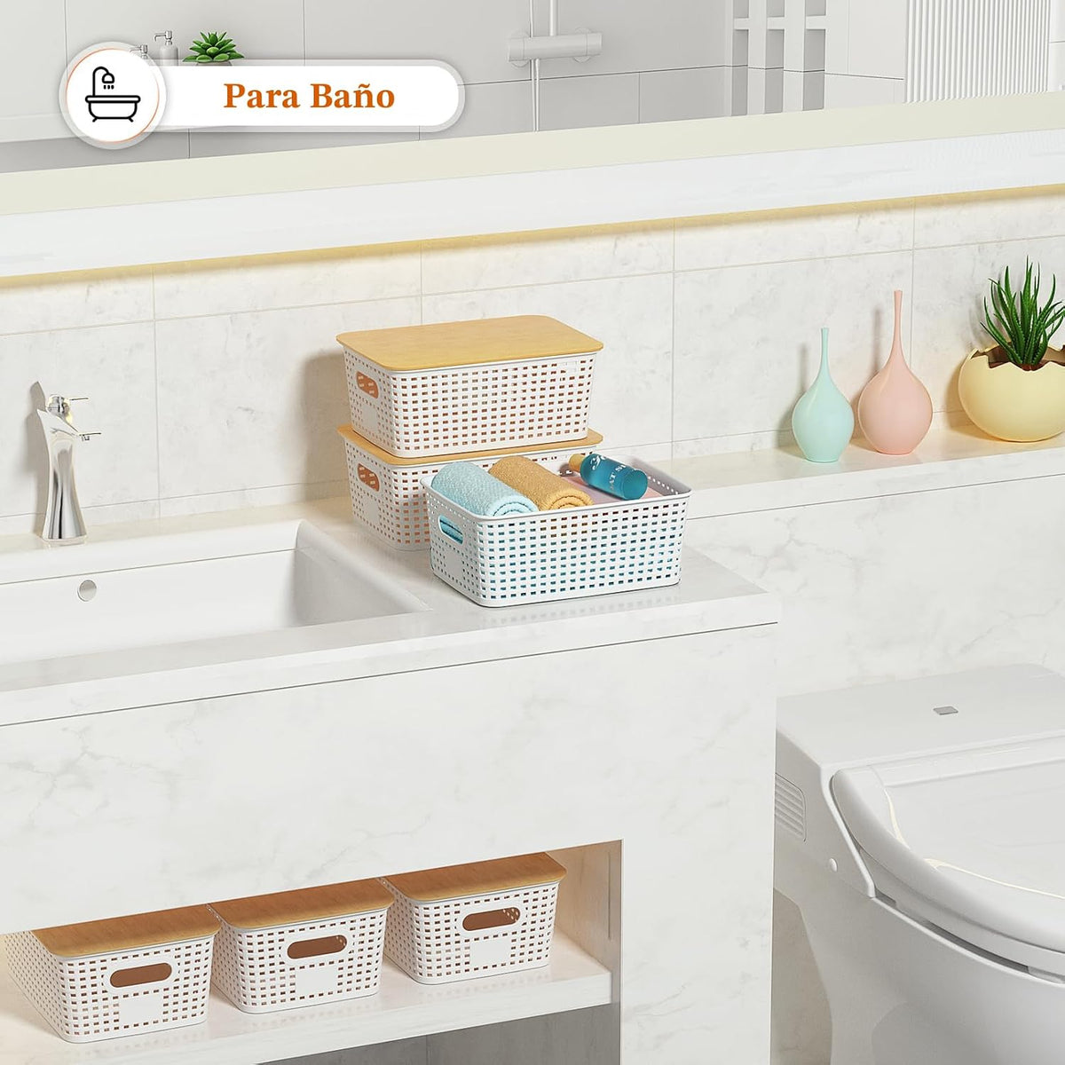 Ohmlove 6 Pack Plastic Storage Baskets con Bamboo Lids para Organization