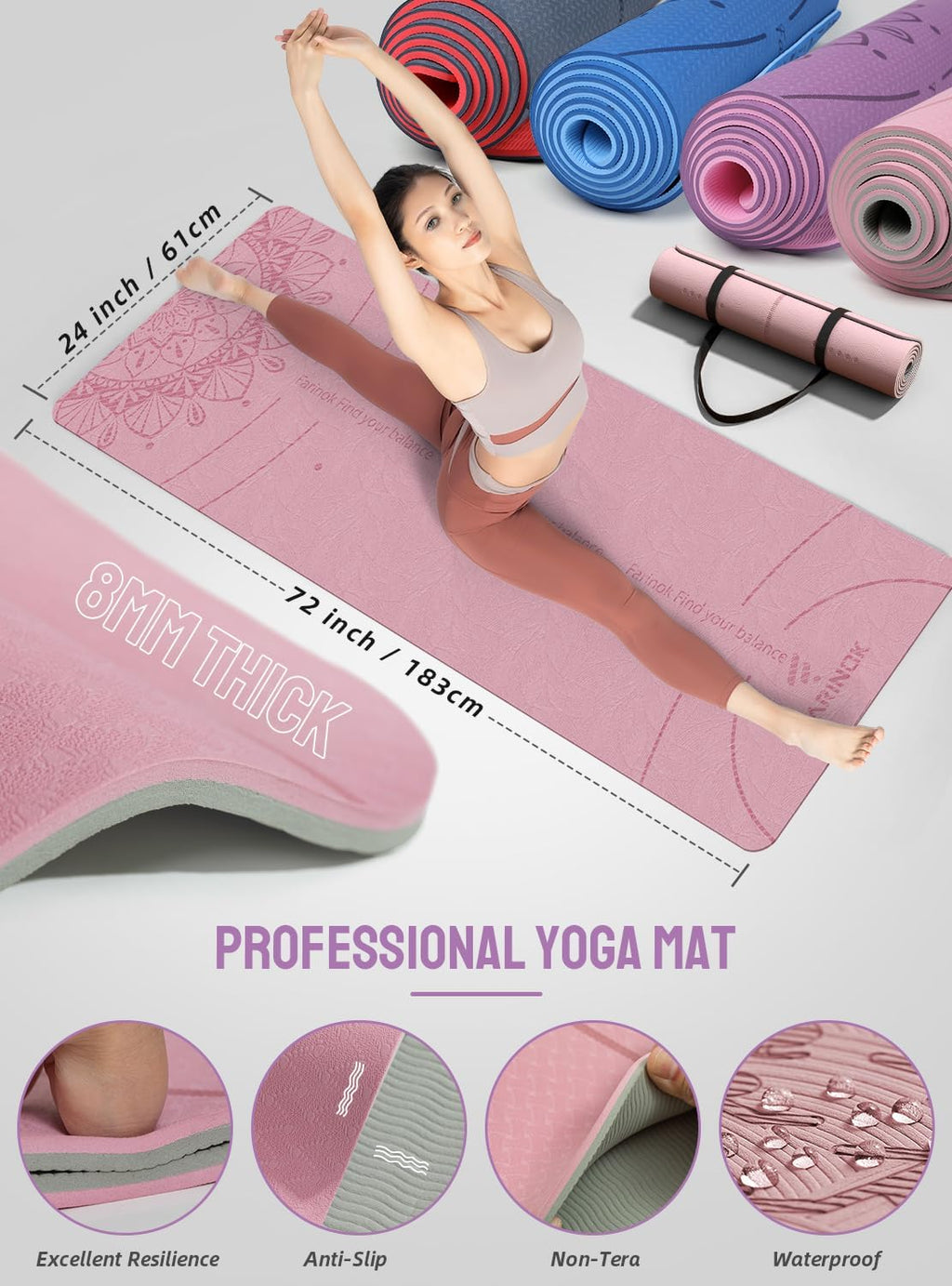 Esterilla de yoga de 1/3 pulgadas de grosor, juego de yoga para principiantes incluye esterilla de alta densidad con correa de múltiples asas, bloques, juego de banda de resistencia para glúteos