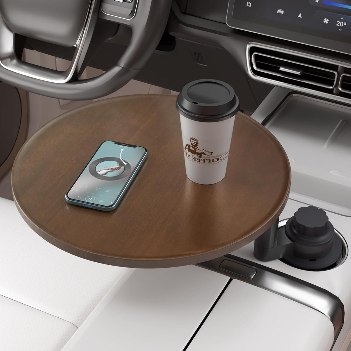 Bandeja de auto y escritorio de coche para portátil, mesa con portavasos de madera giratoria 360°, bandeja de volante, accesorios para auto para mujeres y hombres, compatible con Tesla Model Y/3/S