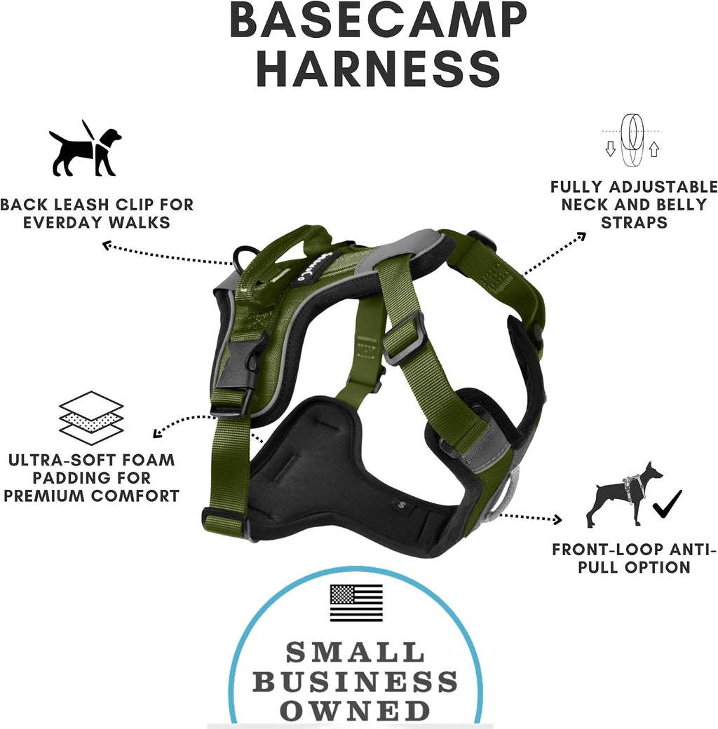 ShawnCo Basecamp Arnés para Perro, Chaleco para Mascotas Sin Tirones con 3 Clips para Correa, Arnés Acolchado, Reflectante, Ligero y Ajustable con Asa para Perros Pequeños, Medianos y Grandes (Verde