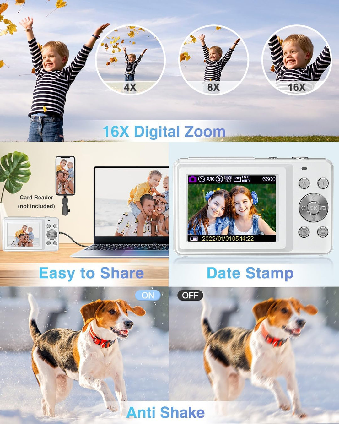 Cámara digital FHD 1080P para niños con zoom de 16X, tarjeta antivi...