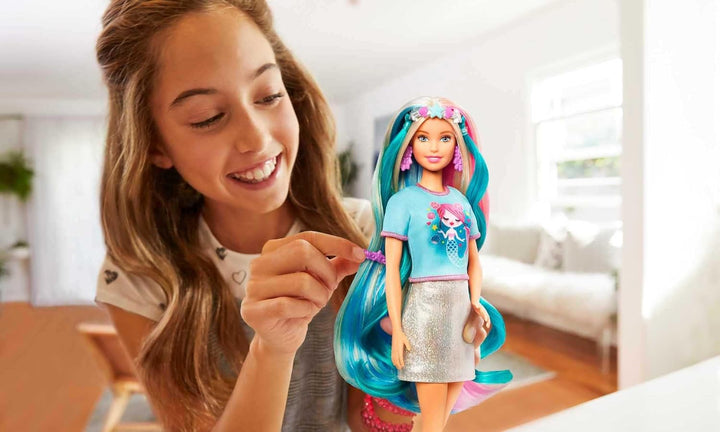 Barbie Muñeca y accesorios de pelo de fantasía, cabello rubio largo...