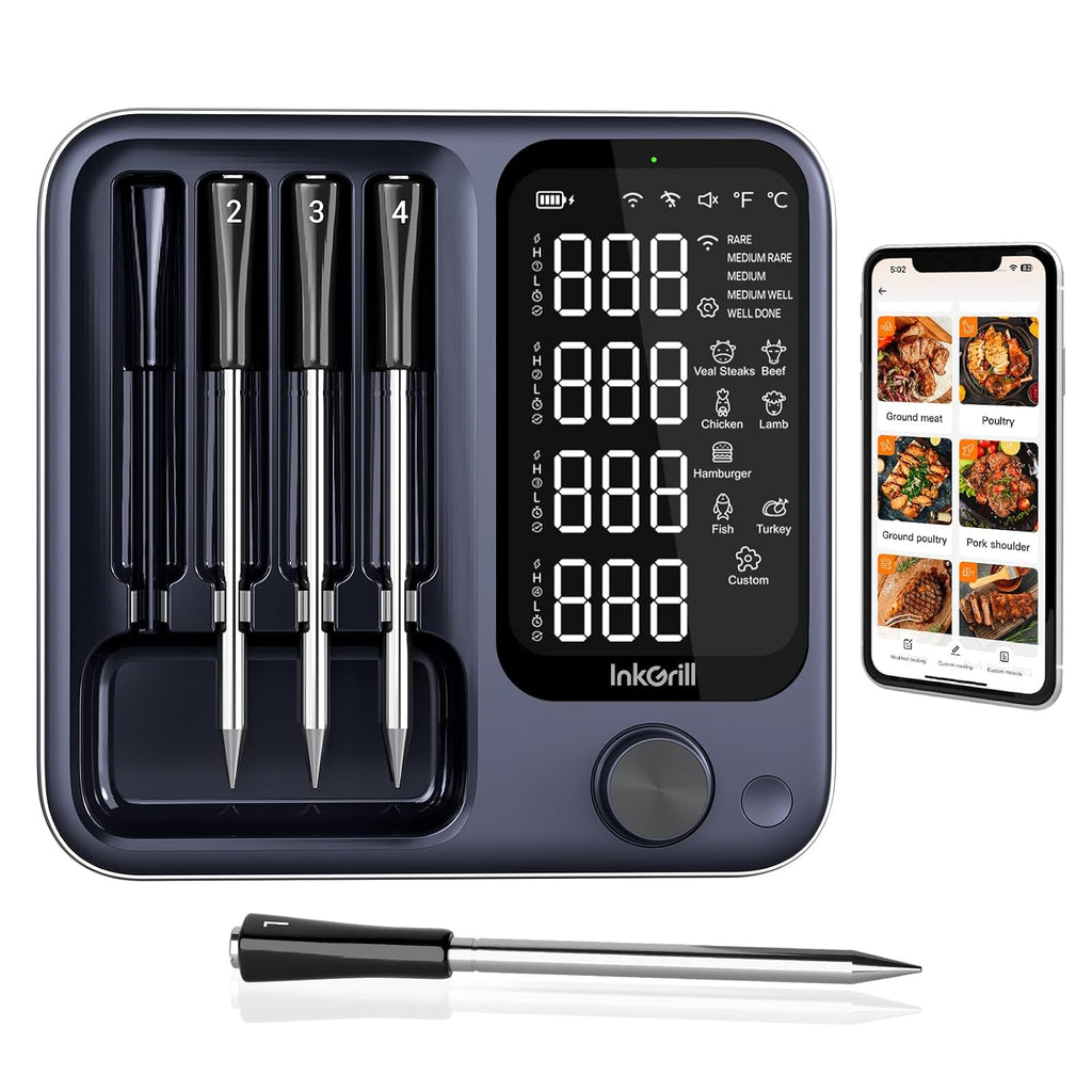 Termómetro inalámbrico digital para carne, con 4 sondas e impermeabilidad IP67, 2 sensores en 1 sonda, WiFi de alcance ilimitado, monitoreo en tiempo real, termómetro inteligente de carne para cocinar