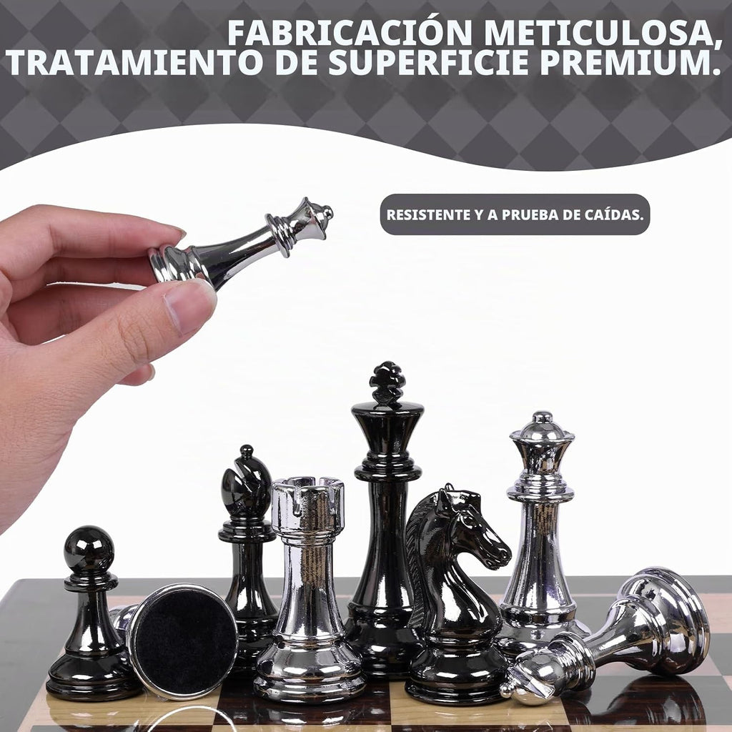Juego de ajedrez de metal de lujo de 15 pulgadas para adultos, tablero de ajedrez de madera plegable con estuche de almacenamiento, piezas de ajedrez de metal pesado con dos reinas adicionales, regalo