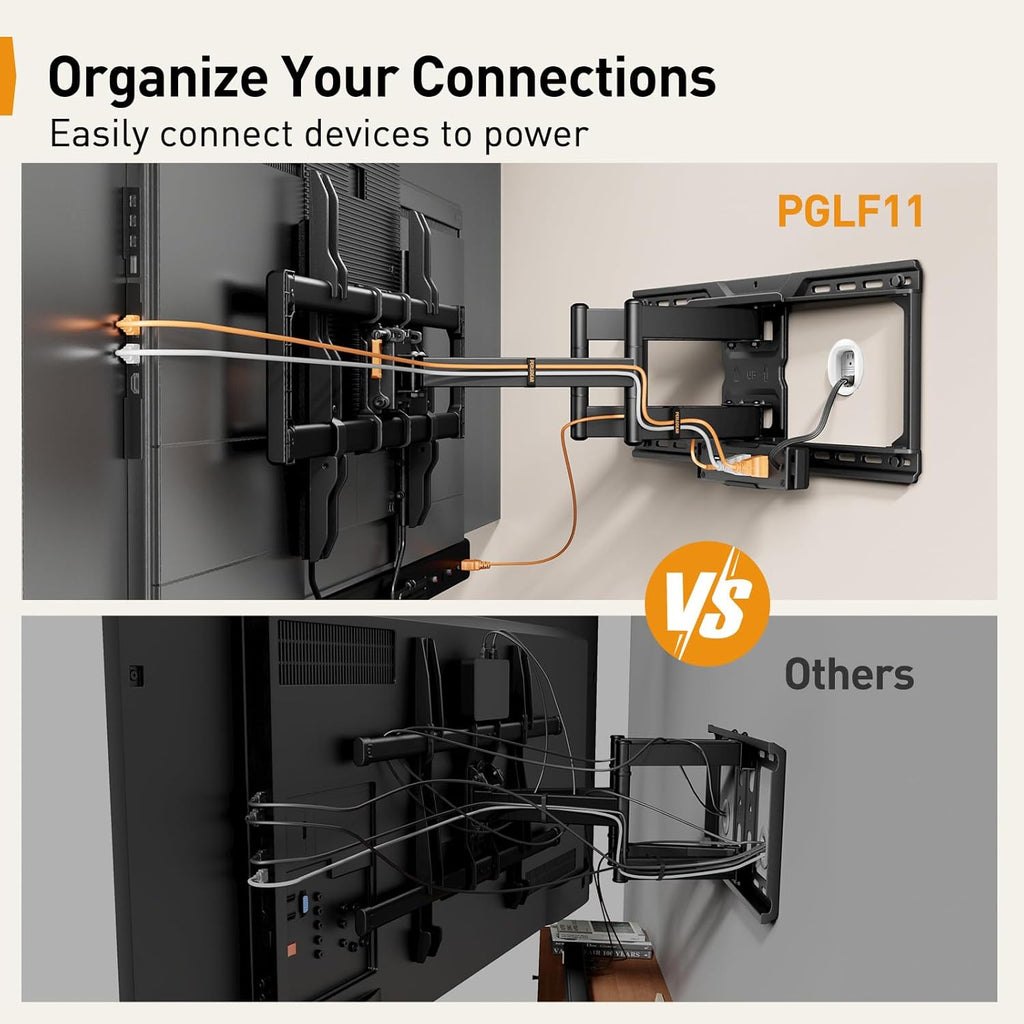Perlegear - Soporte de pared para TV de movimiento completo con regleta de enchufes para televisores de 42–90 pulgadas hasta 68 kg, soporte de TV preensamblado con giro suave, inclinación, extensión