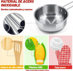 Juego de accesorios de cocina para niños, juego de 32 artículos de ollas y sartenes de acero inoxidable con organizador de estante, utensilios de cocina de metal y delantal, comida de juego con cesta