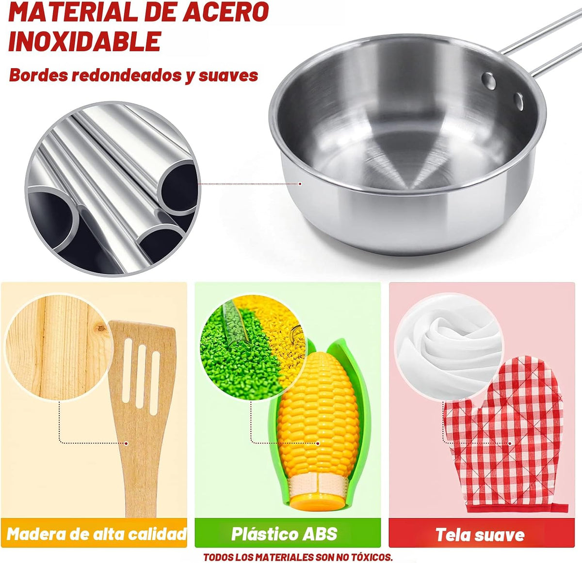 Juego de accesorios de cocina para niños, juego de 32 artículos de ollas y sartenes de acero inoxidable con organizador de estante, utensilios de cocina de metal y delantal, comida de juego con cesta