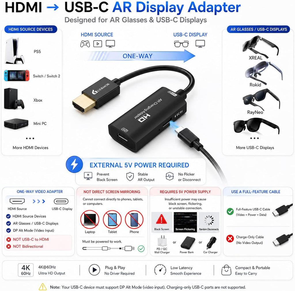 Adaptador de pantalla de video HDMI a USB C, concentrador de gafas