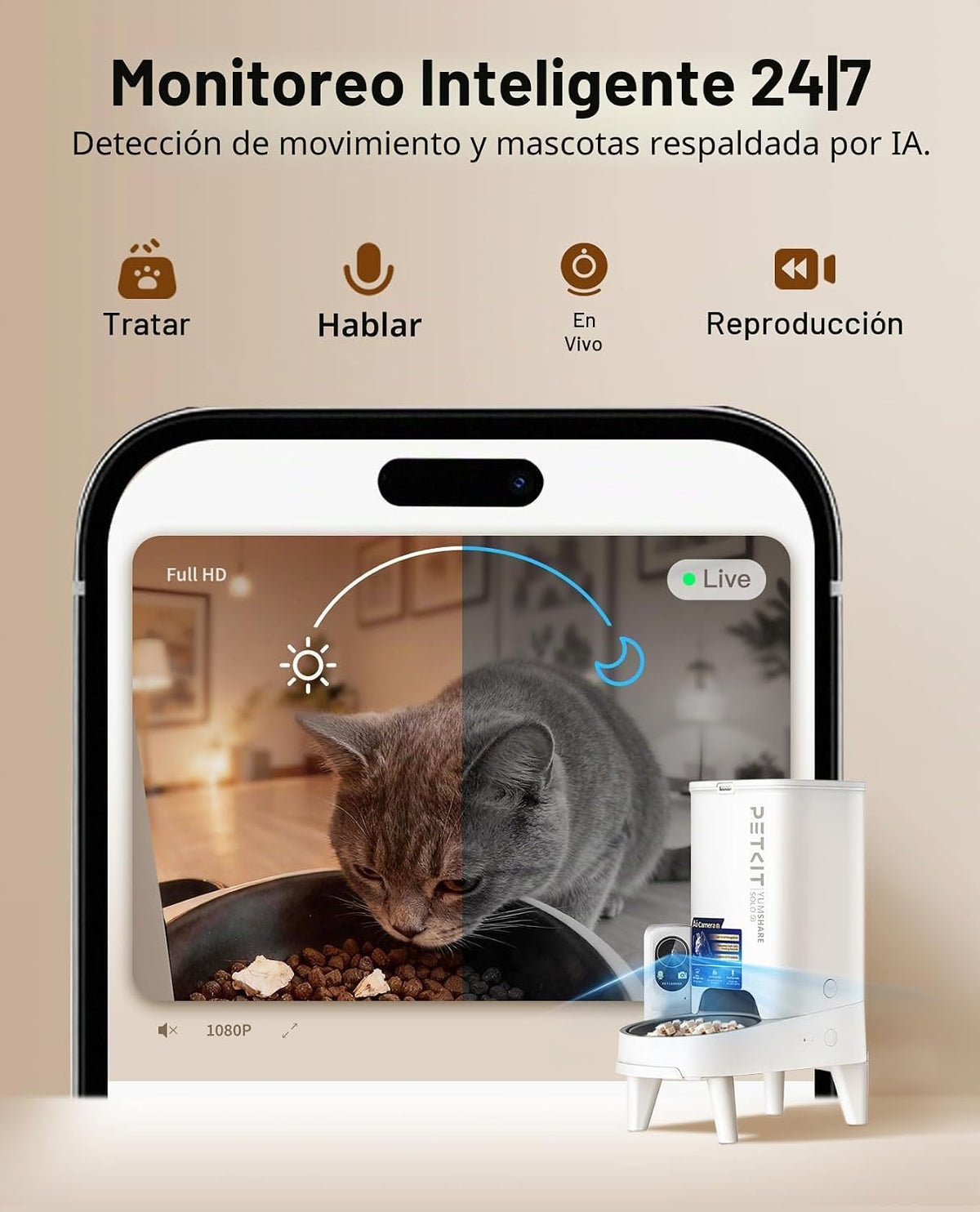 PETKIT - Alimentador automático para gatos con cámara, video HD 1080P con visión nocturna, WiFi 2.4G para gatos y perros pequeños, dispensador de comida con audio de 2 vías y llamada para comida, con