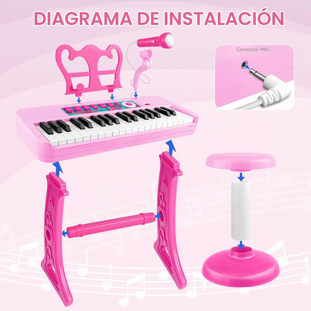 Amy&Benton - Regalo de cumpleaños para niñas de 3, 4, 5, 6, 7 años, piano de juguete con soporte para niñas de 3 a 5 años, juguete de teclado musical rosa, 37 teclas con silla