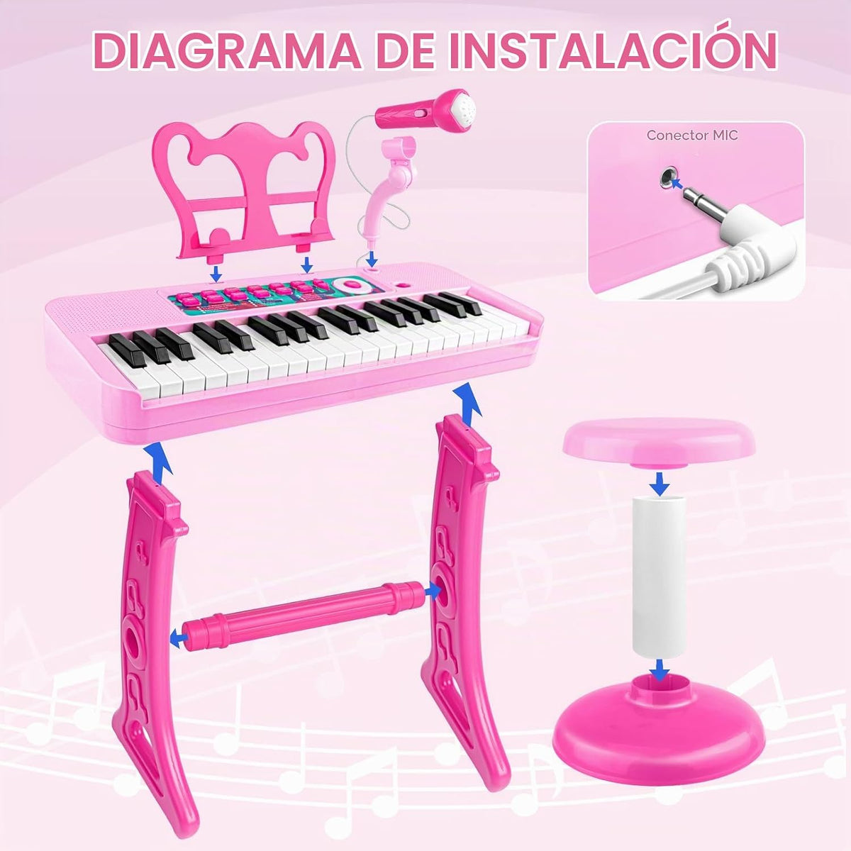 Amy&Benton - Regalo de cumpleaños para niñas de 3, 4, 5, 6, 7 años, piano de juguete con soporte para niñas de 3 a 5 años, juguete de teclado musical rosa, 37 teclas con silla