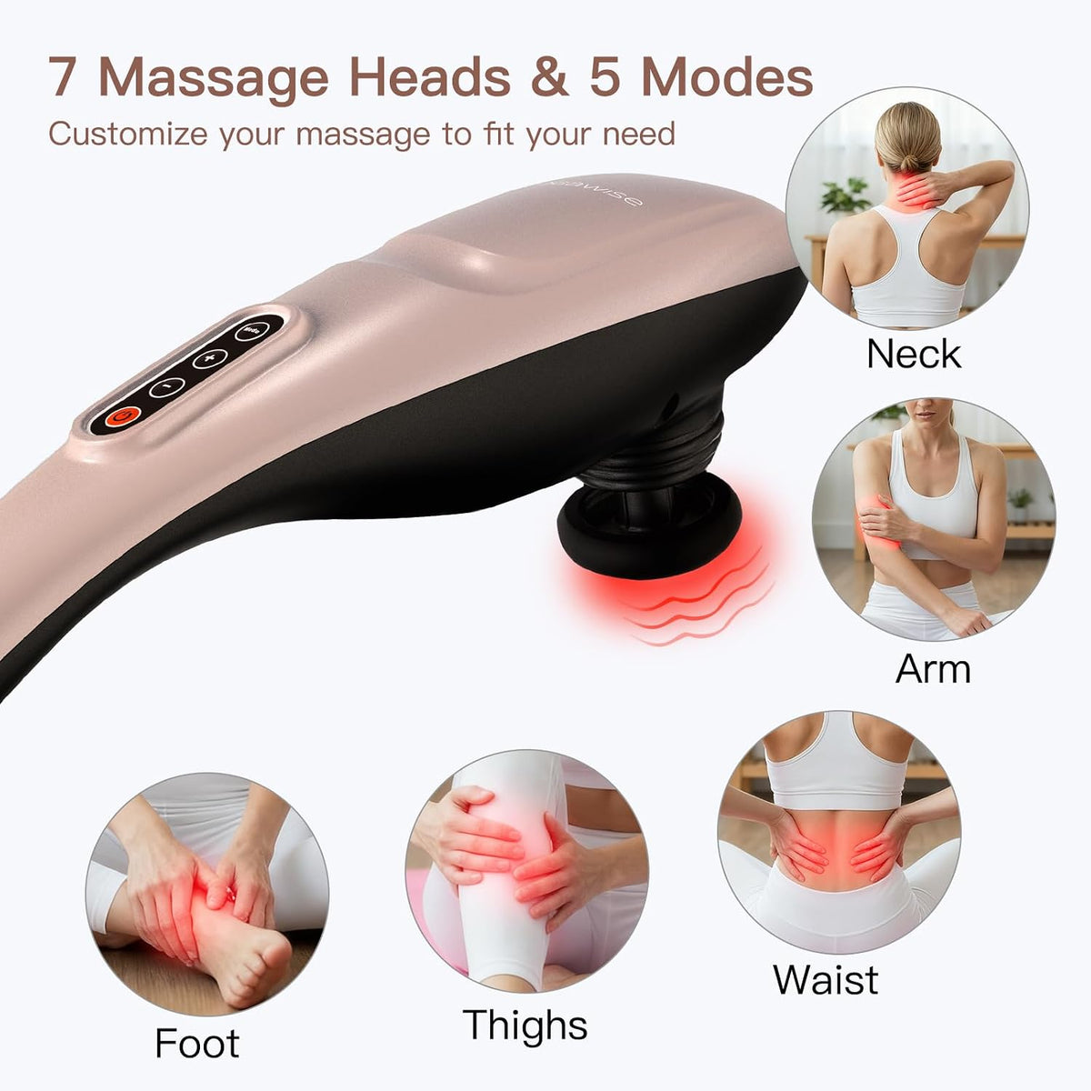 MEGAWISE Masajeador de espalda inalámbrico de mano con batería recargable de 3200 mAh, 5 velocidades y 5 + 2 nodos de masaje con nodos de silicona duros, medios y 2 suaves; masajea mientras te mueves
