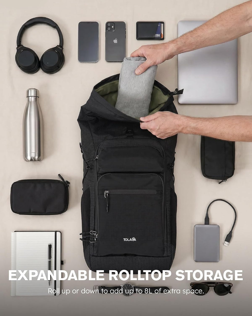 Tolaccea Mochila de Viaje Rolltop 32L, Portaordenador de 15,6" para Trabajo y Viaje